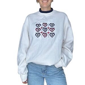 Vintage 90s White Pullover Crewneck Embroidered Hearts Size Large Granmacore
